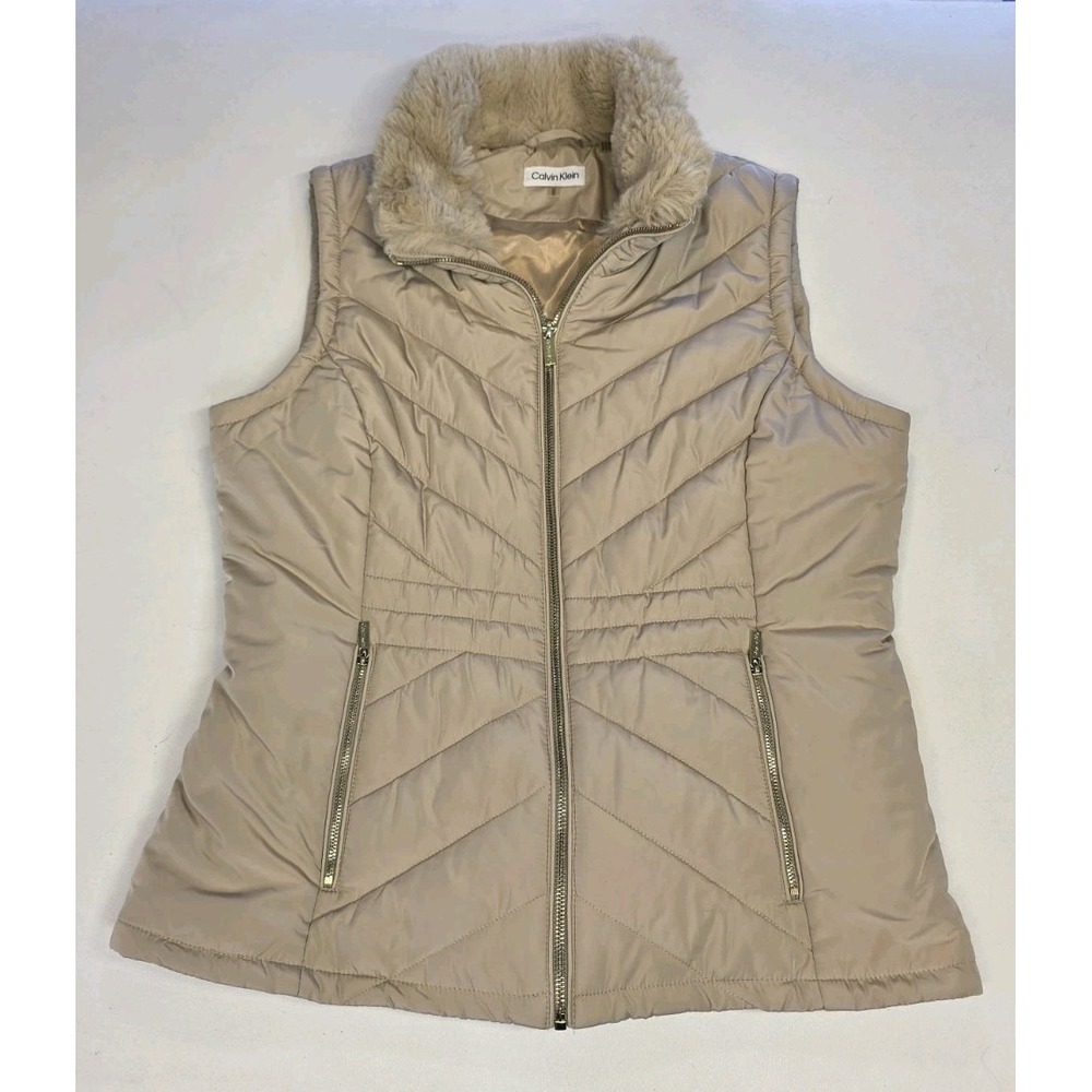 Womens Size M Calvin Klein Faux Fur Collar Quilted Puffer Vest
